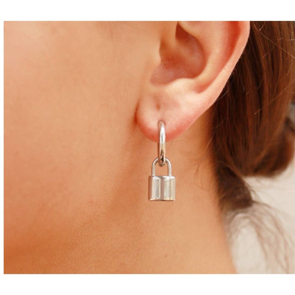 Lock Earrings Gold Plated Stainless Steel Padlock Pendant Hoop gold - Picture 2 of 2